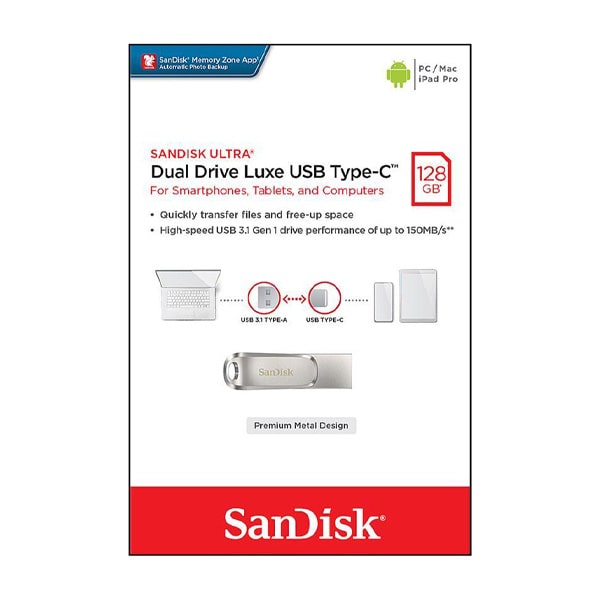 فلش سن دیسک Ultra USB 3.1 Dual Drive Luxe تایپ سی ظرفیت 128 گیگابایت – SDDDC4-128G-G46